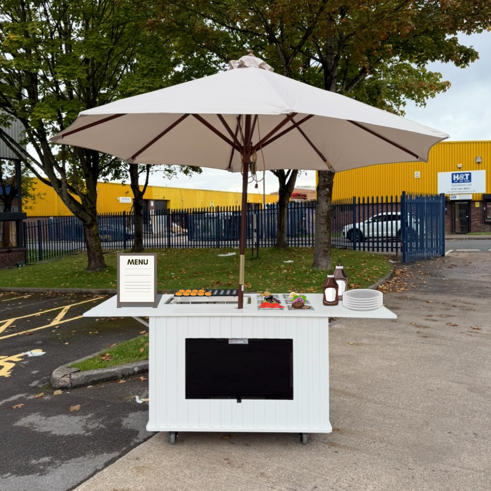 Mobile Collapsible White Dutch Pancake Cart with Built in Screen